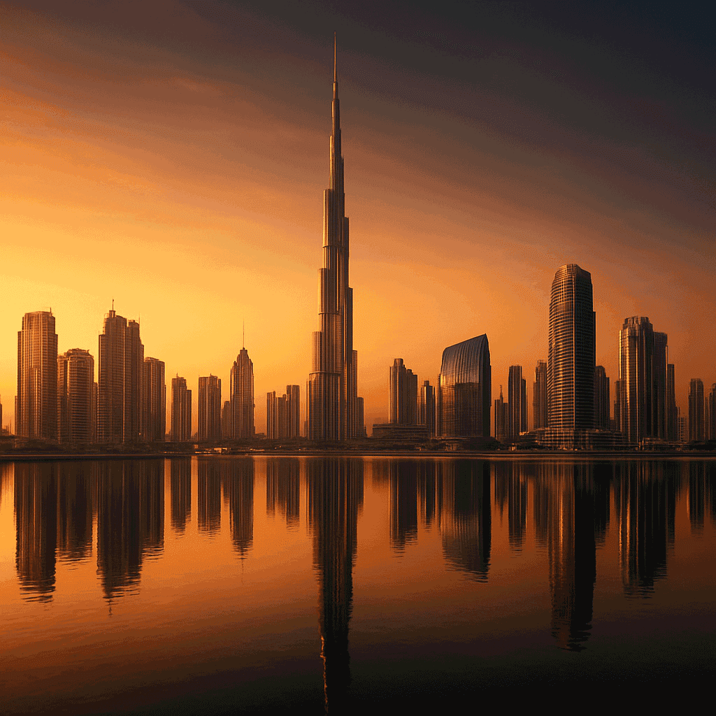 Dubai skyline at golden hour with the Burj Khalifa reflected in calm water